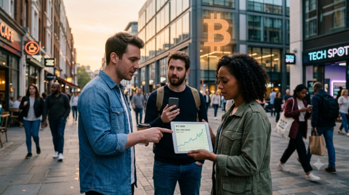 Group of young adults reviewing a financial tablet chart outdoors on a busy city street near modern tech storefronts.