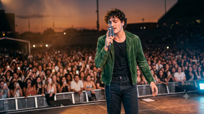 Pop singer Benson Boone singing into a vintage microphone on an outdoor stage at dusk, with a large crowd in the blurred background.