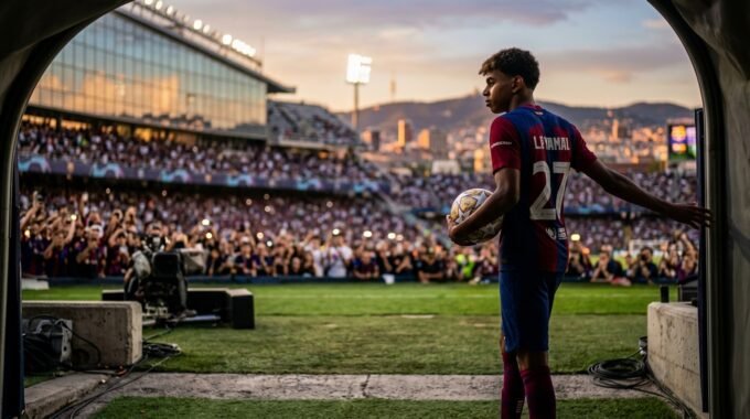 Lamine Yamal carrying a football as he walks through a stadium tunnel toward a sunlit pitch and crowded stands at sunset.