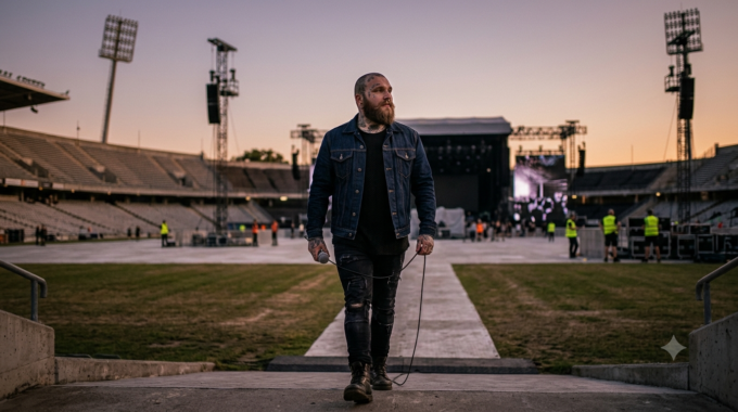 Soul singer Teddy Swims walking down a stadium ramp holding a microphone cable after a outdoor soundcheck at dusk.